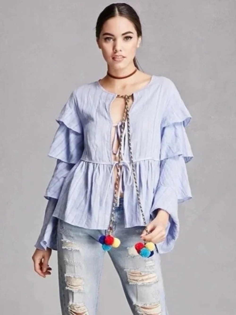 English Factory Boho Cotton Blouse Small Blue Pom Pom Tie Tiered Bell Sleeve